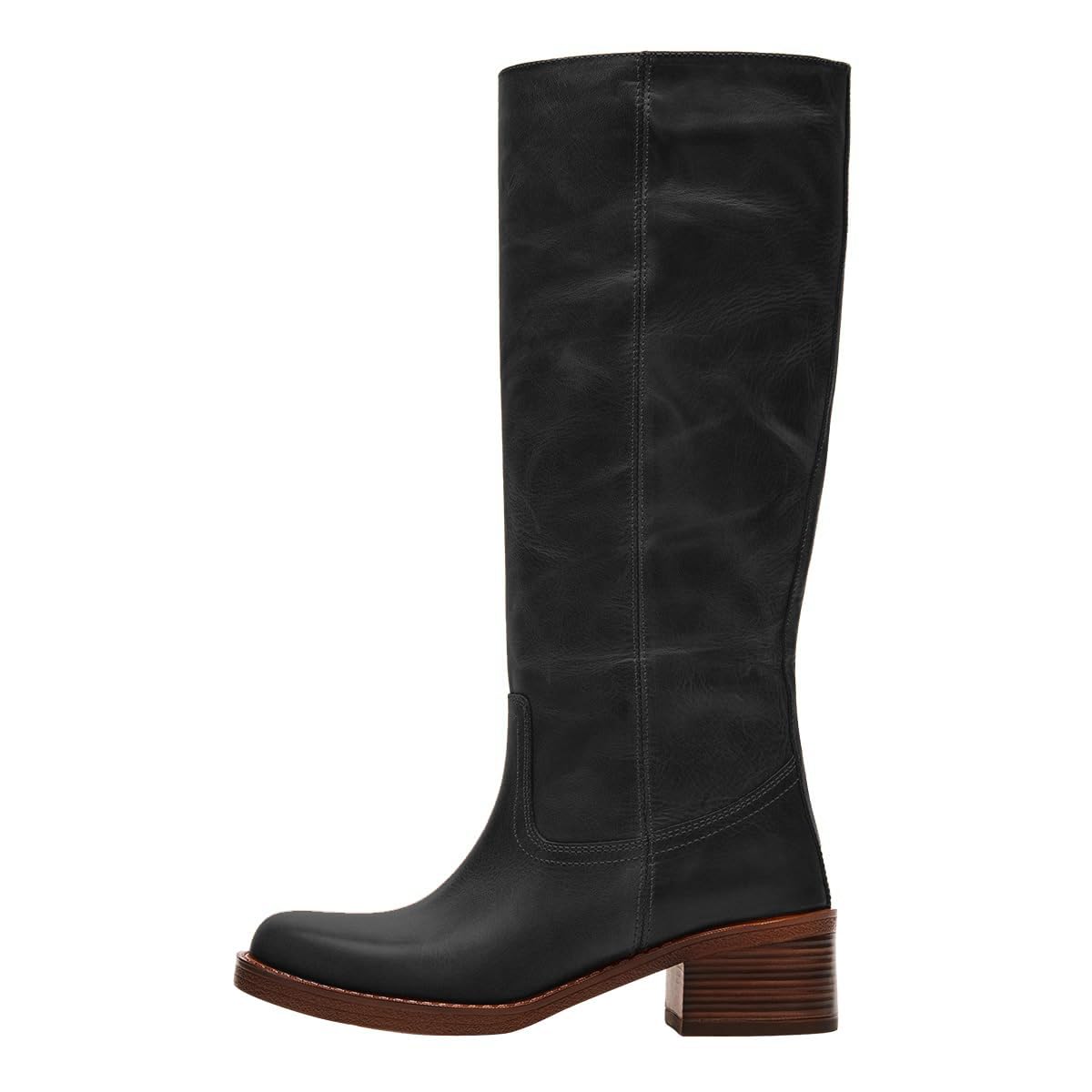 Vegan Leather Square Toe Pull-On Block Heel Knee-High Boots in Black