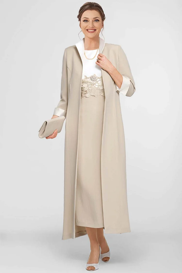 Flycurvy Plus Size Semi Formal Champagne Lace Trim Layered Contrast Color Two Piece Midi Dress With Long Jacket