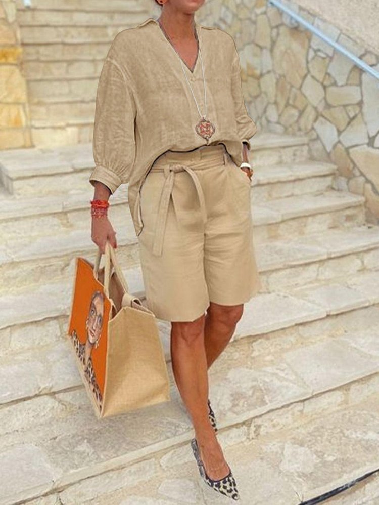 Women's Solid Color V Neck Top Shorts Two Pieces Suit