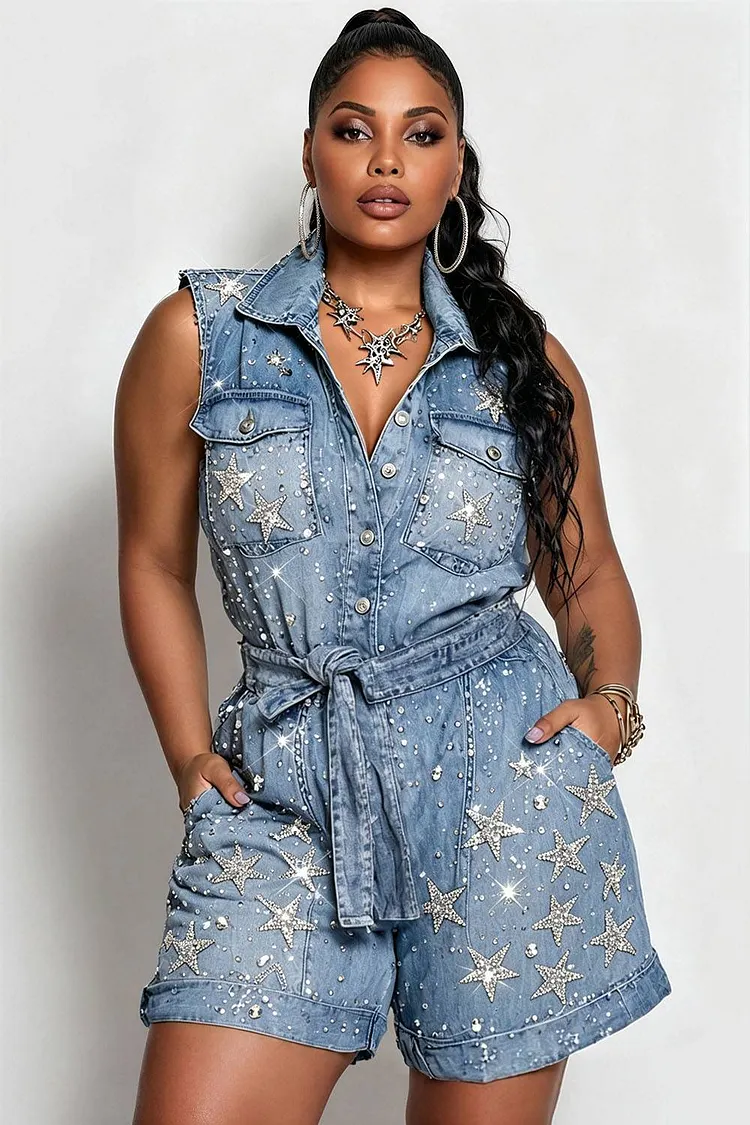 Xpluswear Design Plus Size Party Light Blue Shirt Collar Drilling Pocket Denim Rompers [Pre-Order] 2024 - Xpluswear