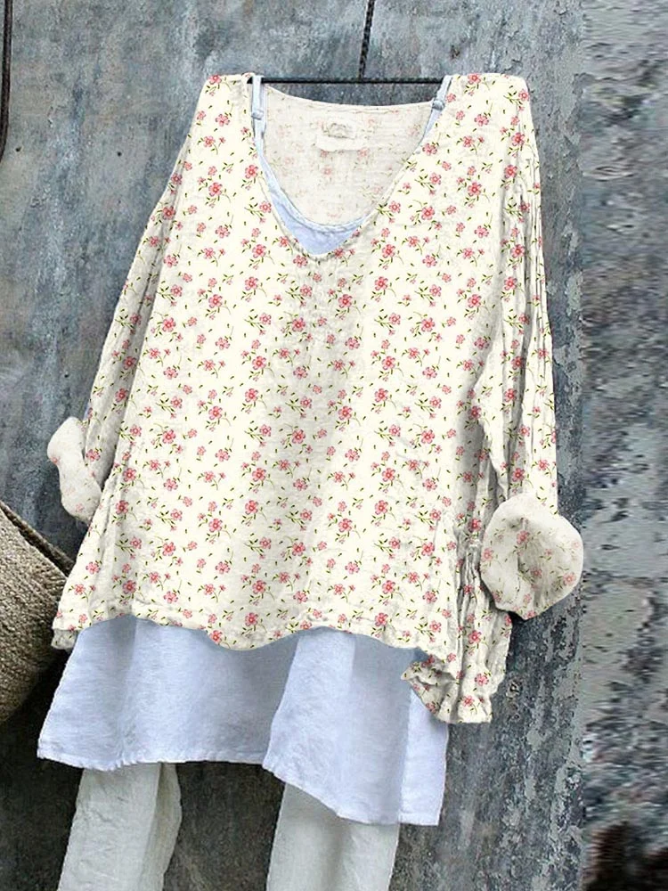 Floral Art Print V-neck Long-sleeved Top