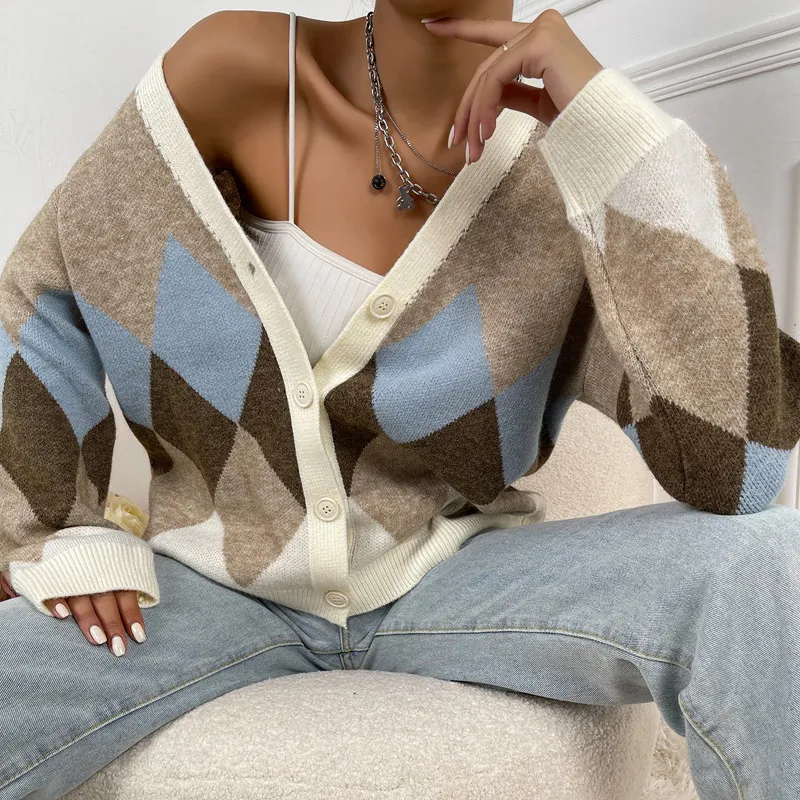 Color Block Argyle V Neck Button Knit Cardigan