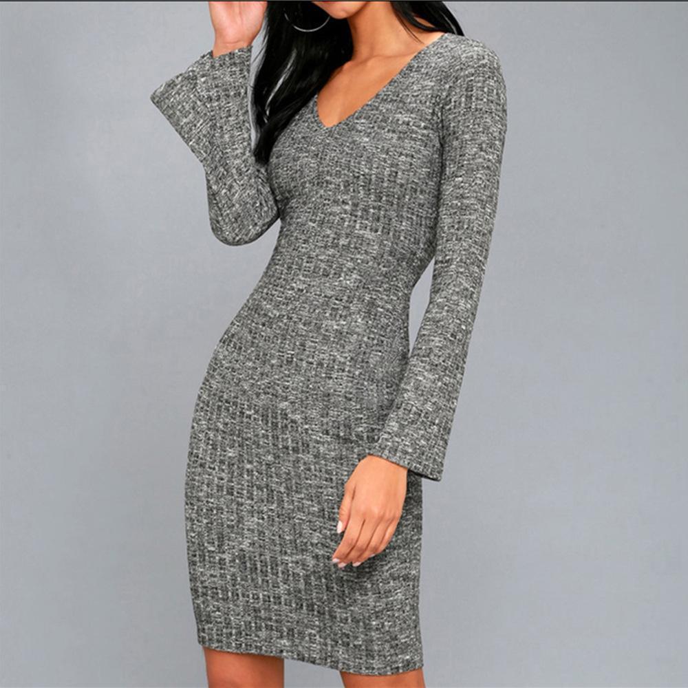 Sexy V Neck Pure Colour Long Sleeve Bodycon Dresses