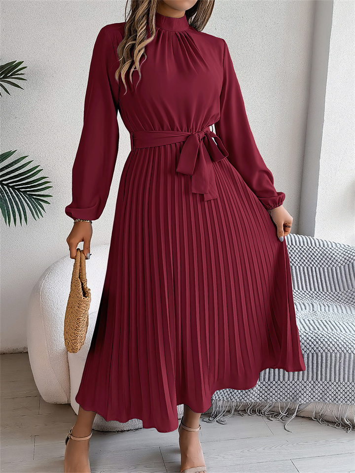 Women's Fall and Winter Elegant Collar Long-sleeved Waisted Pleated Dresses Small Dress