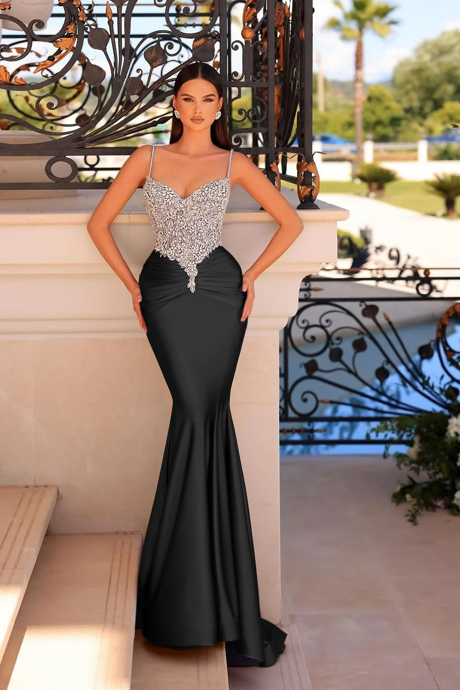 Lvs&Broner traps Sleeveless Beading Mermaid Long Prom Dress With Pleated