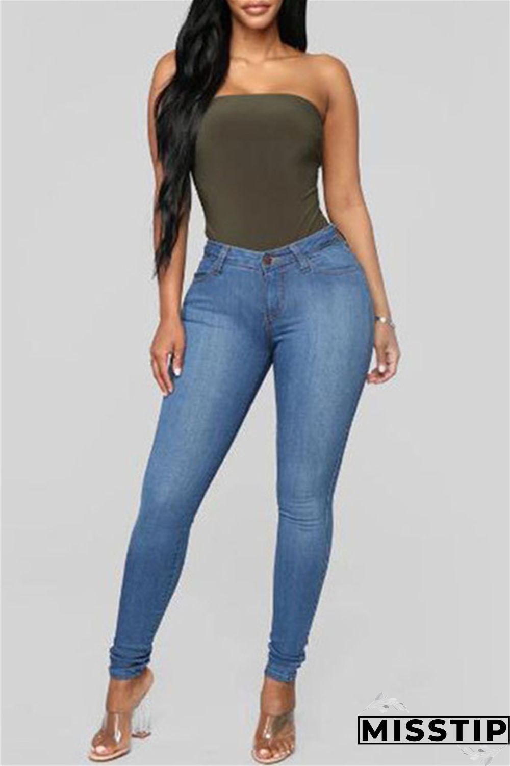 Deep Blue Fashion Casual Solid Basic High Waist Skinny Denim Jeans