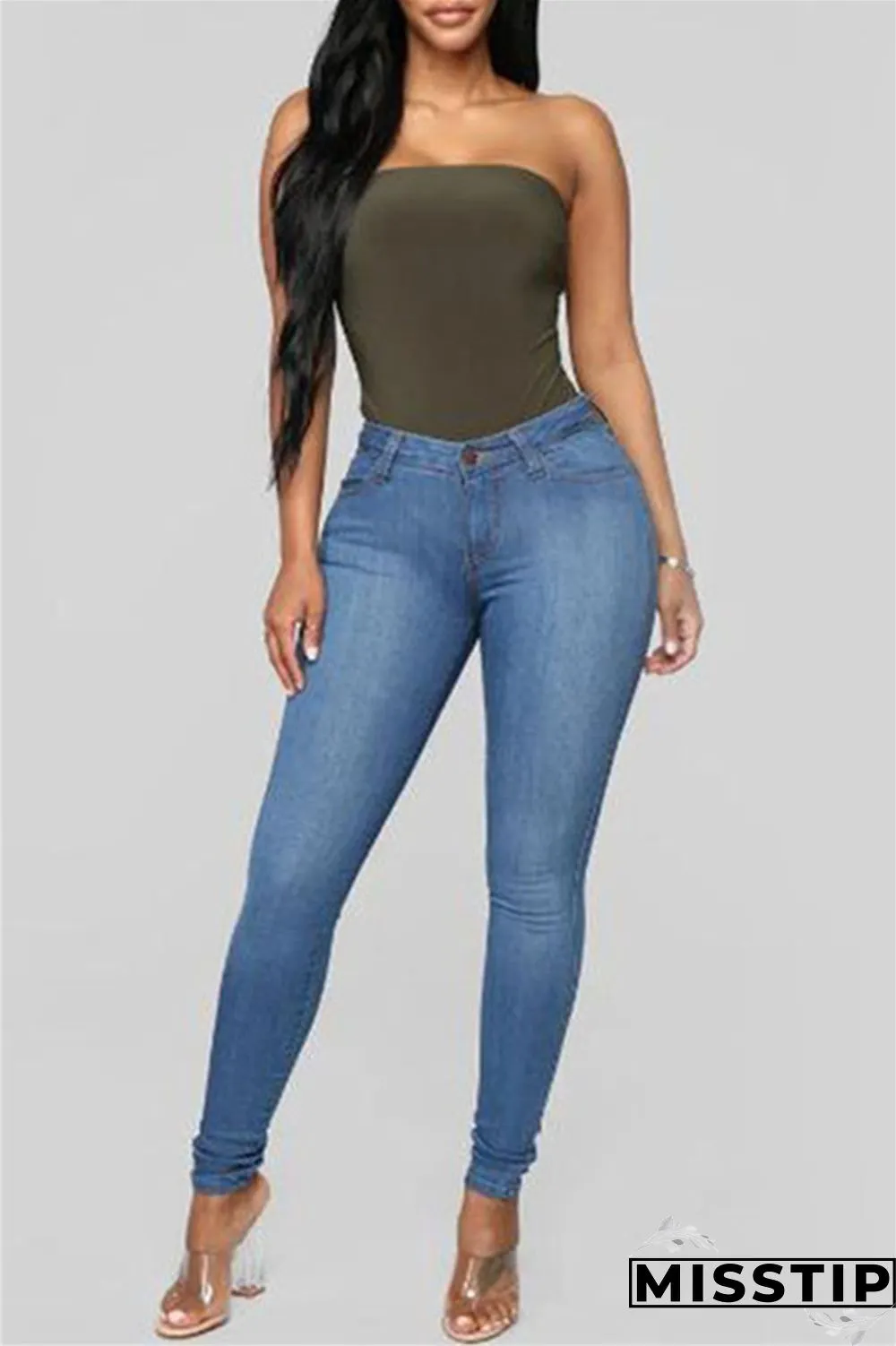 Deep Blue Fashion Casual Solid Basic High Waist Skinny Denim Jeans