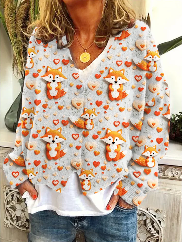 Valentine Gift Love Heart Fox Art Print V-Neck Knit Cardigan