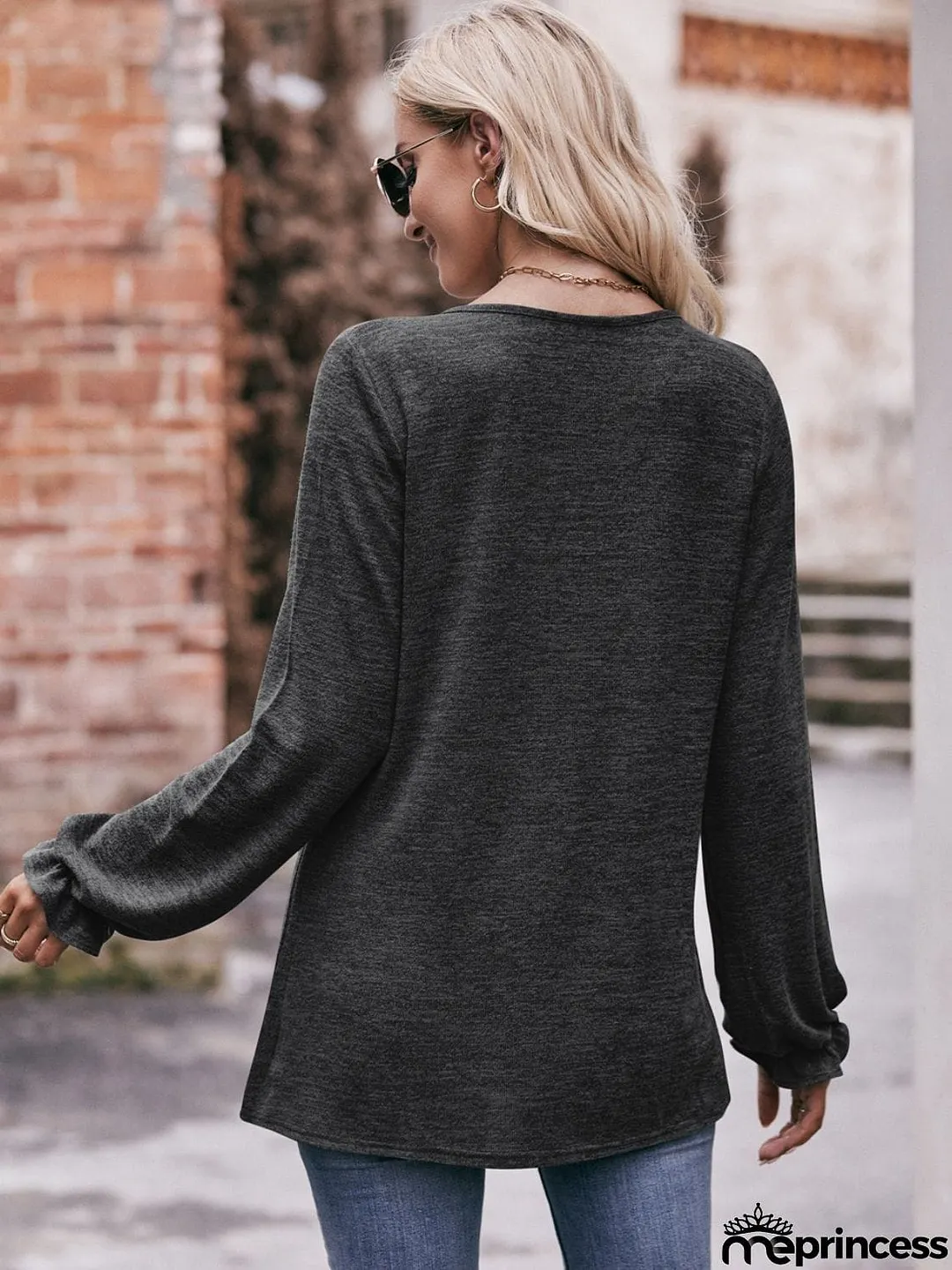 Long Flounce Sleeve Round Neck Blouse
