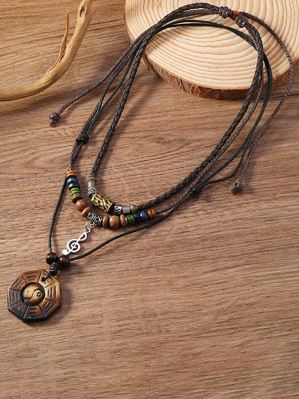 Men's Retro Braided Beaded Alloy Pendant Multi-Layer Necklace