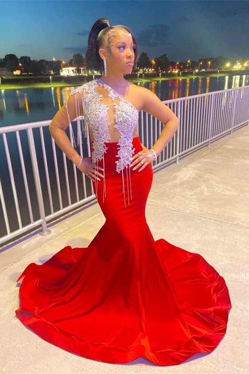One Shoulder Long Sleeve Mermaid Beaded Prom Dress Red With Appliques | Ballbellas Ballbellas