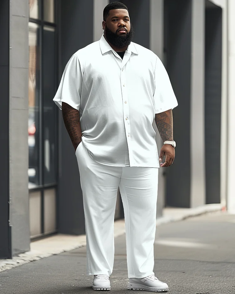 Men's Plus Size Versatile Solid Color White Short Sleeve Shirt Trousers Suit