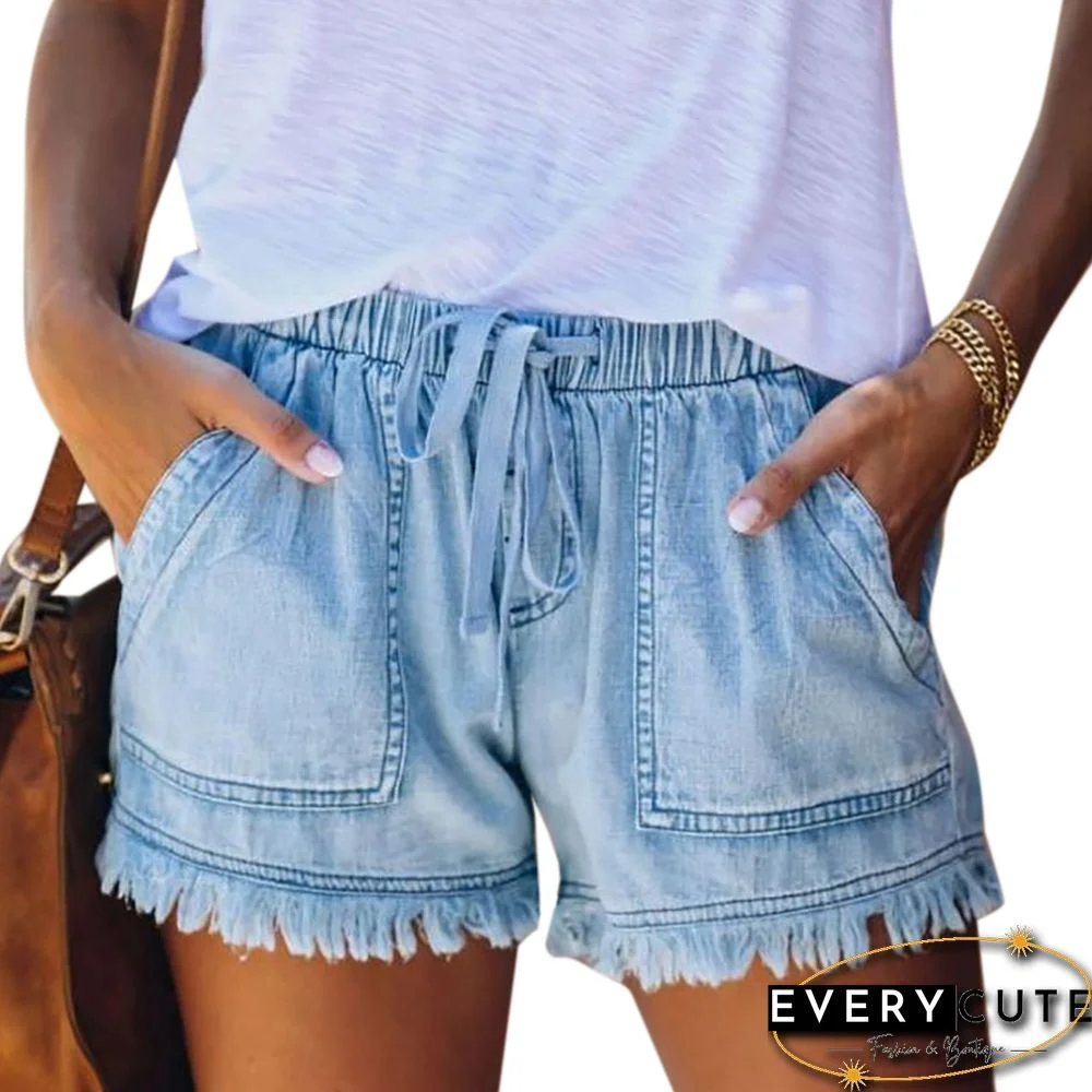 Light Blue Pocket Drawstring Denim Shorts