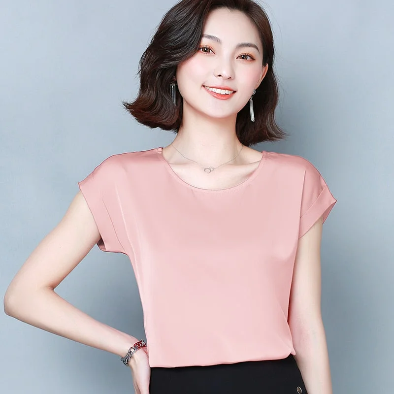 Summer Women Blouse 2022 New Simple Solid Silk Shirts Elegant Women Loose Round Collar Short Sleeve Womens Clothing 9227 50