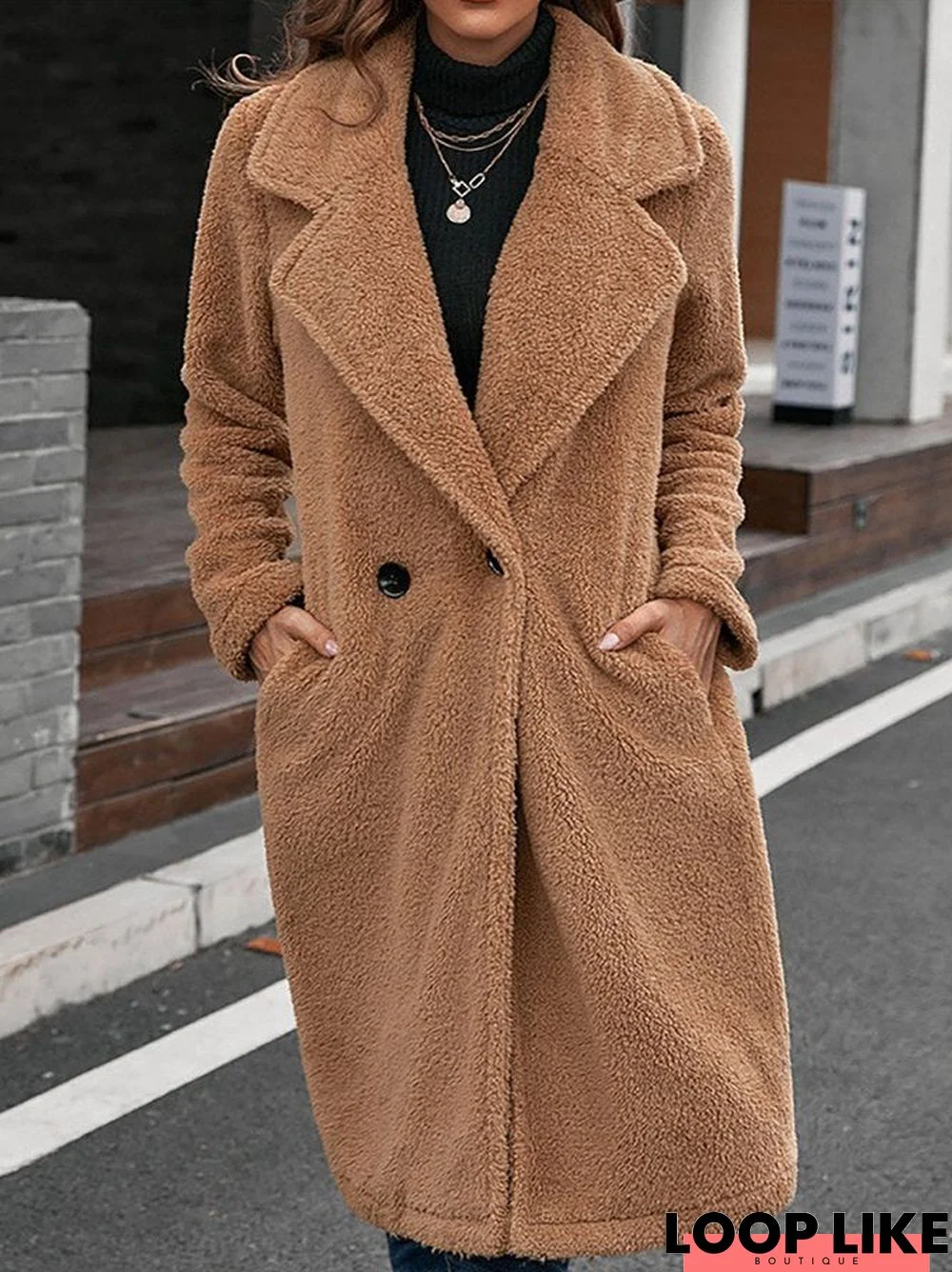 Loosen Solid Lapel Furry Long Sleeves Outerwear