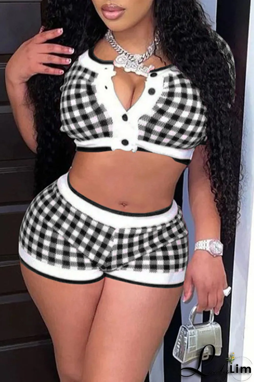 Black Fashion Casual Plaid Print Split Joint O Neck Plus Size Two Pieces