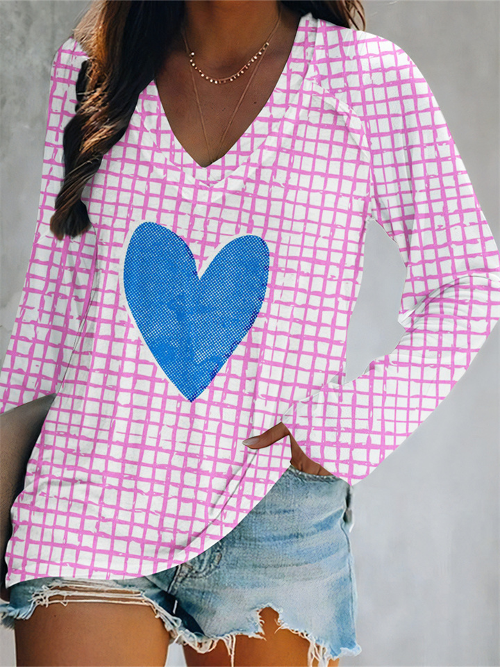 Valentine's Day Spring New Digital Printing V-neck Long-sleeved Loose Women's T-shirt