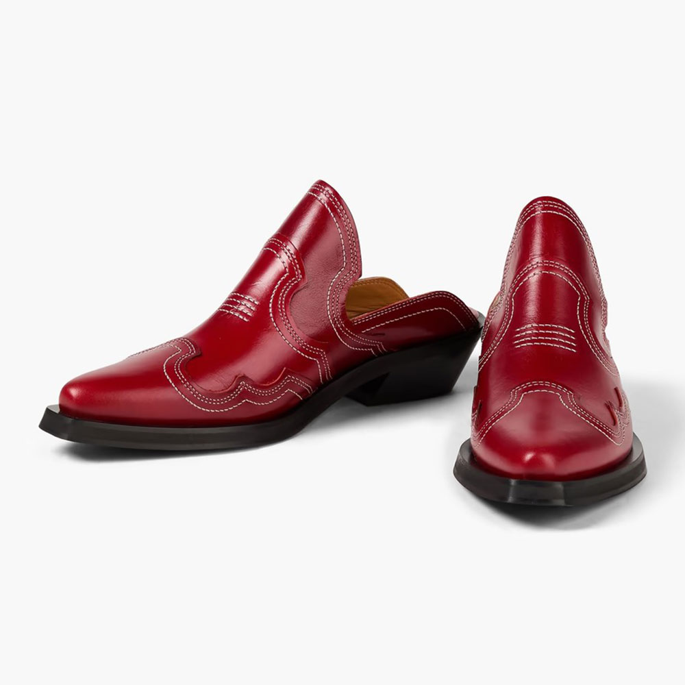 Red Pointed Toe Block Low Heel Stitching Women's Western Mules Nicepairs