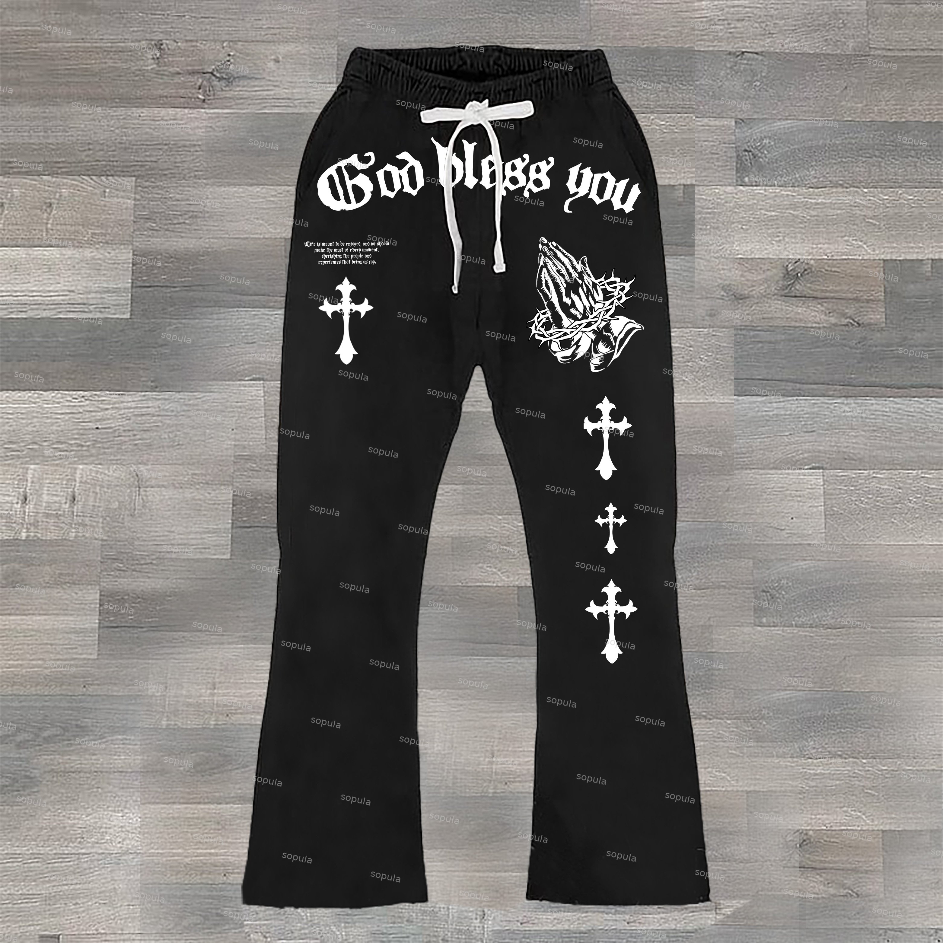 Sopula Fashionable God Bless You Cross Print Flared Sweatpants