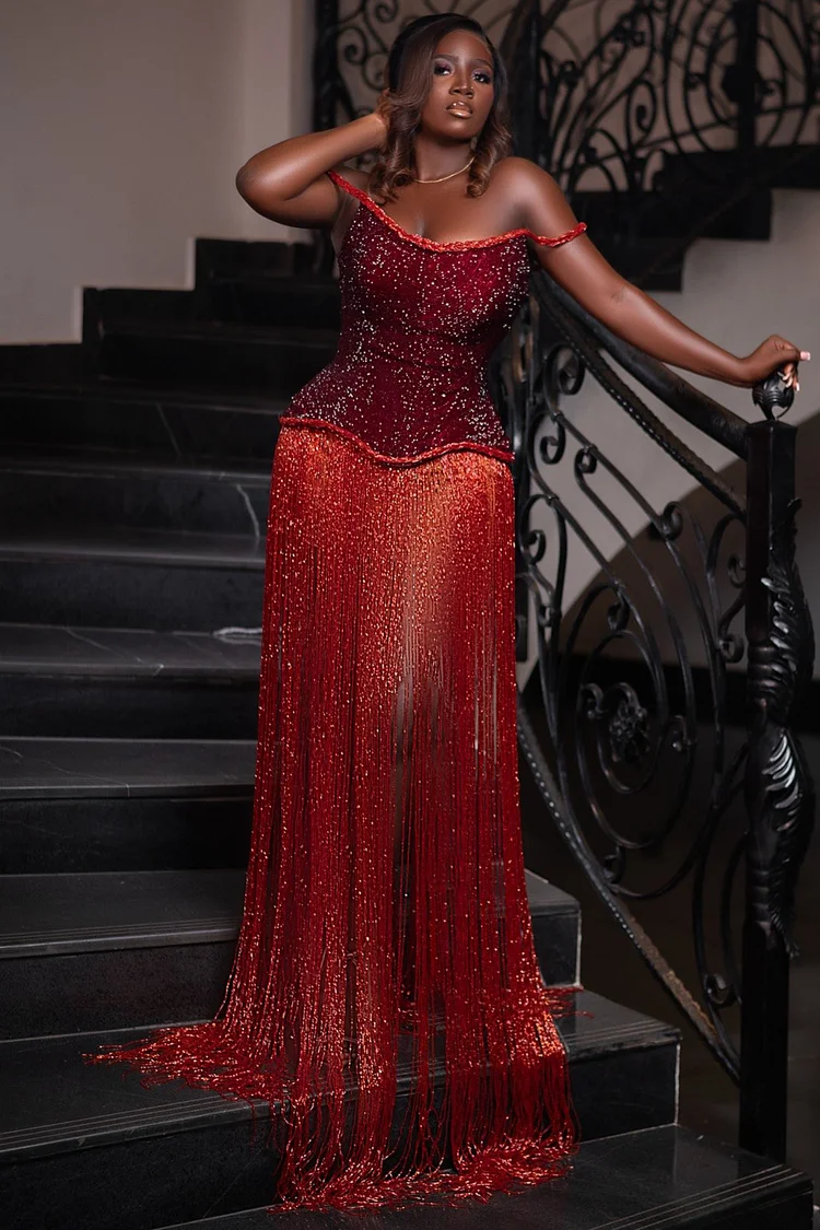 Glitter Off Shoulder Patchwork Fringe Hem Party Maxi Dresses-Red [Pre Order]