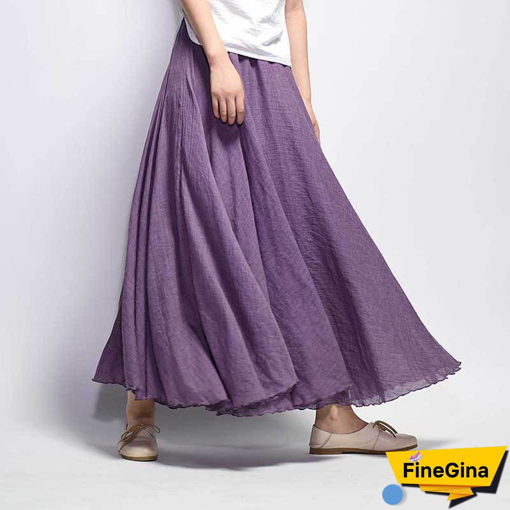 Women Linen Cotton Long Skirts Elastic Waist Pleated Maxi Skirts Beach Boho Vintage Summer Skirts Faldas Saia