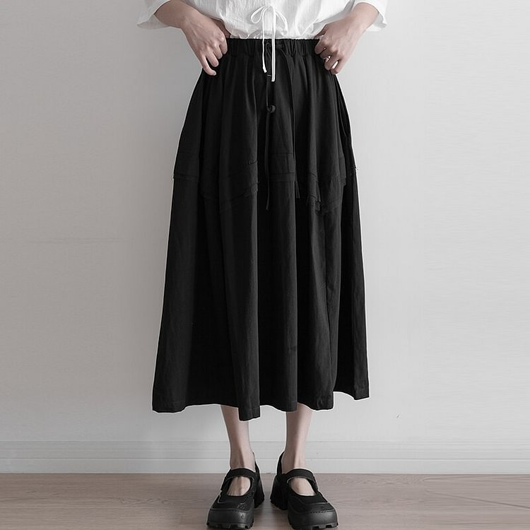 Casual Solid Color Patchwork Pocket Elastic Waist Lace-up Skirt 
