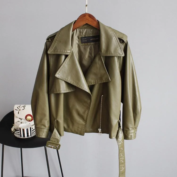 FTLZZ New Autumn Pu Motorcycle Faux Soft Leather Women Jacket Coat Turn-down Collar Long Sleeve Epaule Female Loose Short Jacket