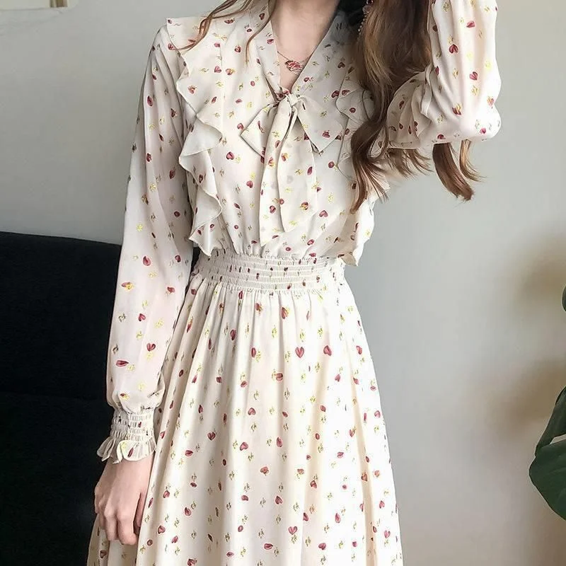 Toloer Toloer Floral Dress Slim Summer New Women's Long Sleeve Bottom Dress French Bow Show Thin Dress-Outfit Ideas