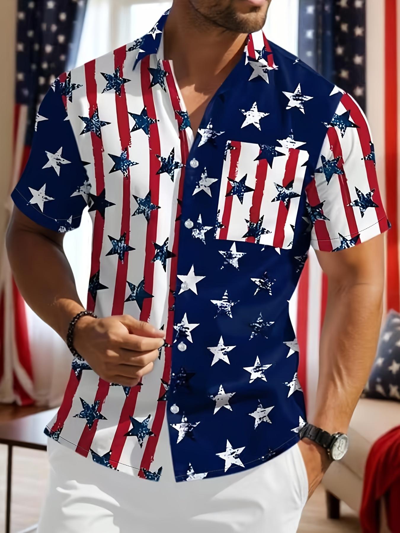 Men'S Short-Sleeve Button Up Shirt, Casual Party Shirt with Flag Print, Perfect for a Holiday Vibe And Casual Gatherings, Menswear