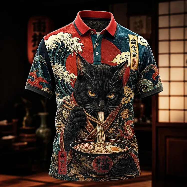 Men's Black Cat Eating Ramen Japanese Art Print Polo Shirt