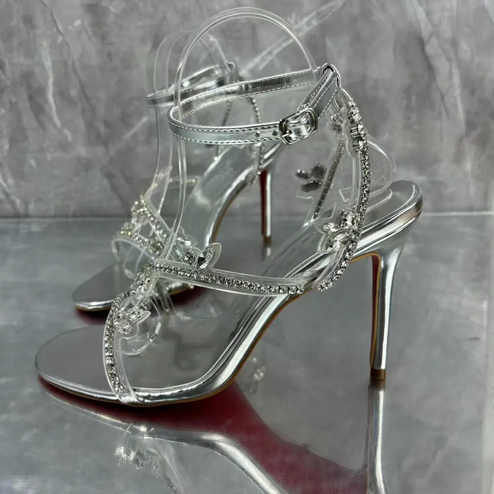 100mm Spotlight Wavy Straps Sandals Red Bottom Stilettos Rhinestones Sandals -vocosishoes