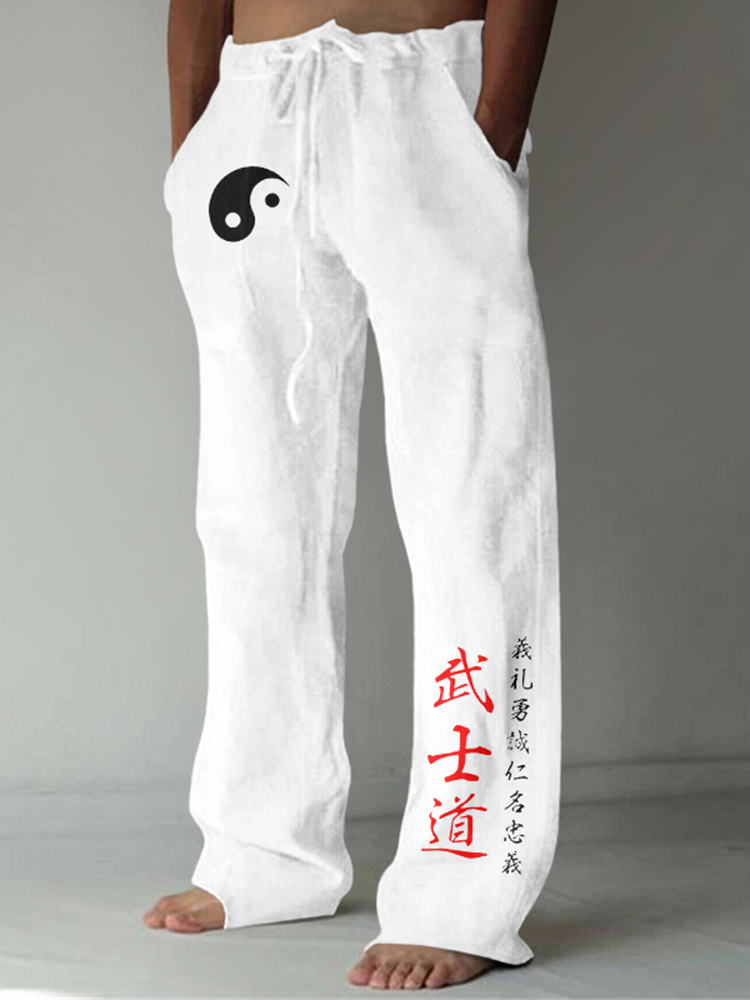 Comstylish Vintage Taiji Bushido Art Print Casual Linen Blend Pants