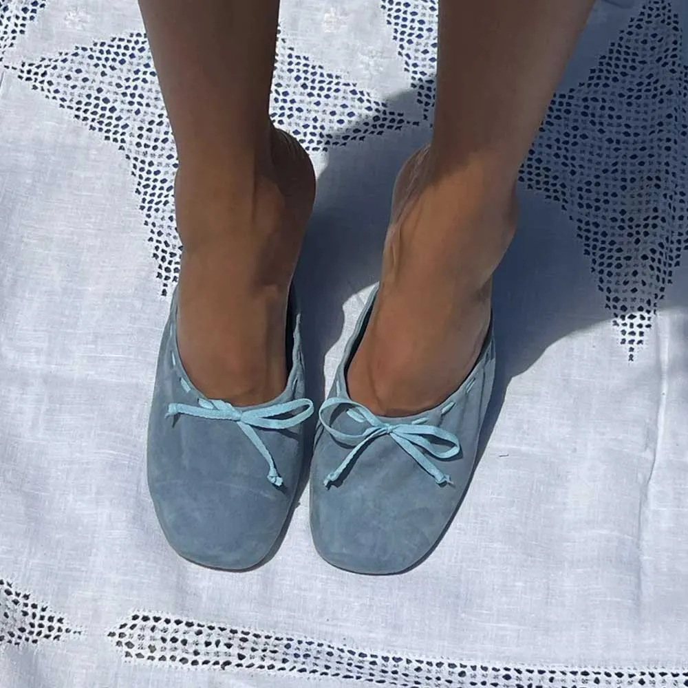 Women's Blue Square Toe Wedge Heel Slip On Ballet Bow Mules Shoes