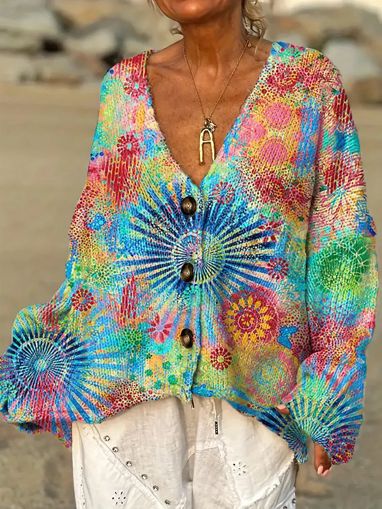 Women's Beautiful Colorful Abstract Circular Floral Totem Painting Art Print Casual Pullover Sweater