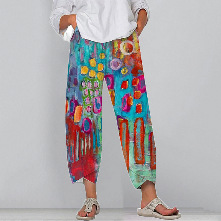 Women's retro colorful geometric print cotton and linen casual pants