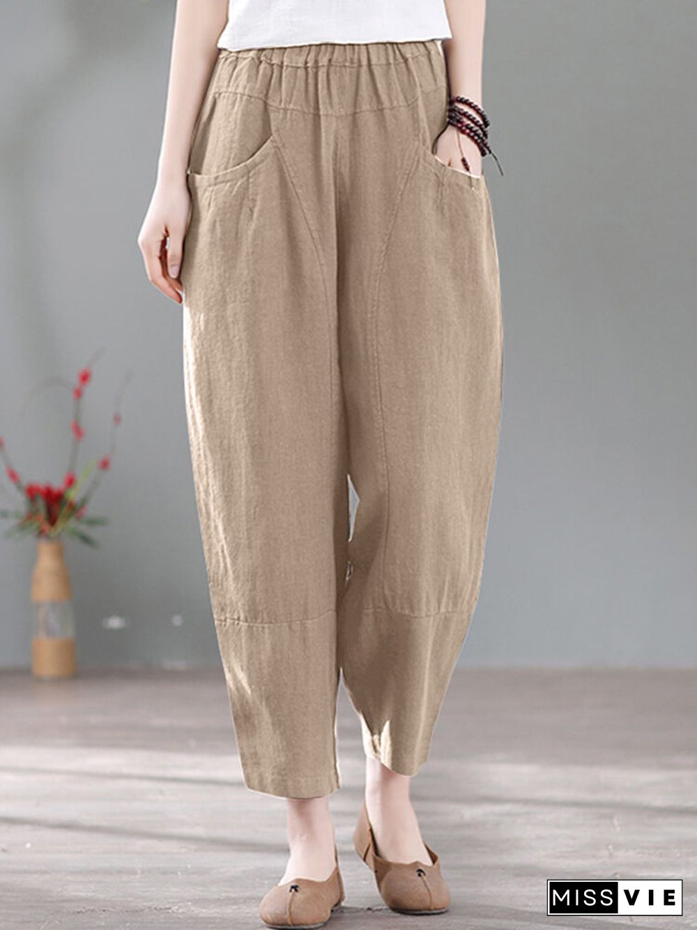 Solid Pocket Casual Cotton Pants