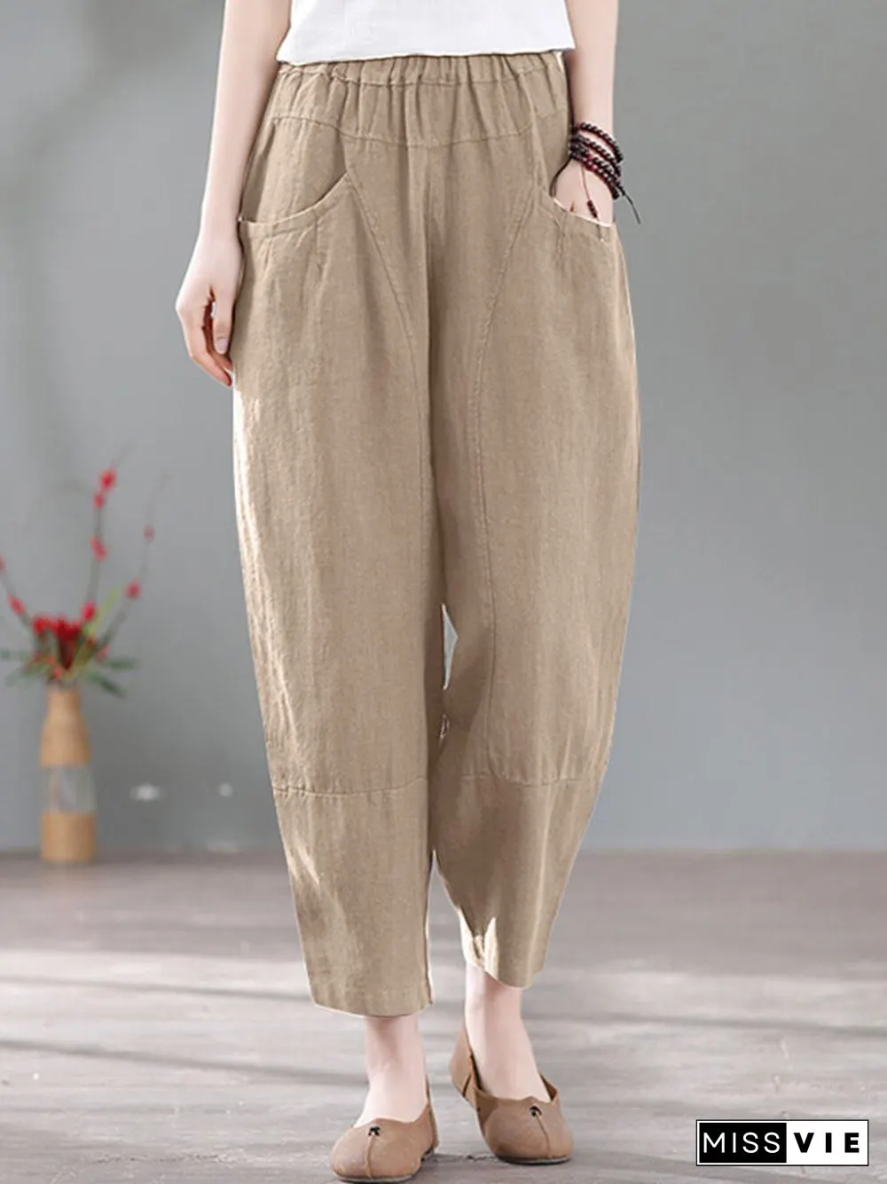 Solid Pocket Casual Cotton Pants