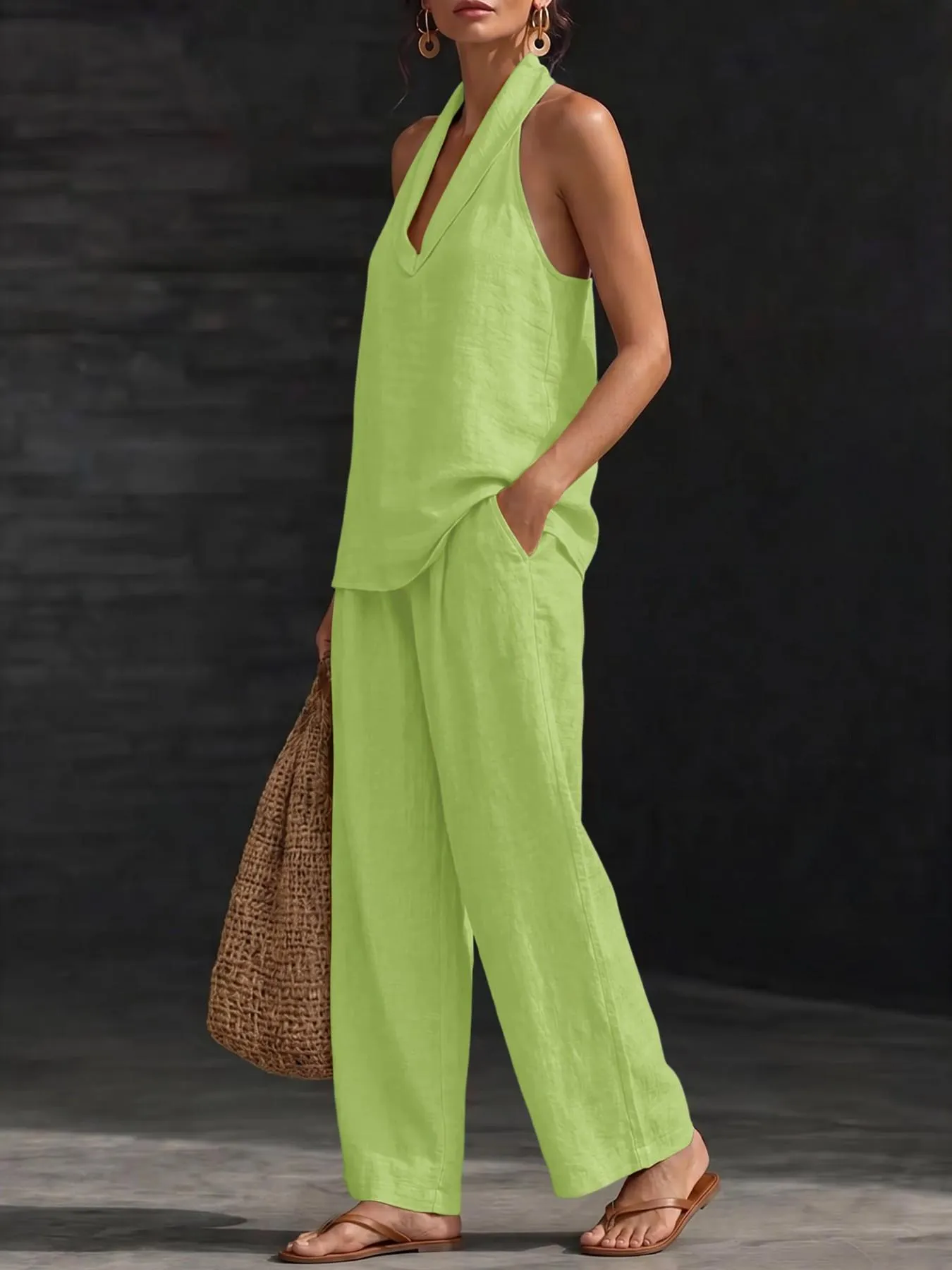Comfy Chic Women's Summer Faux Linen Halter  V-Neck Top & High Waist Wide Leg Pants Set - Breathable Everyday Urban Lounge Wear for Going Out