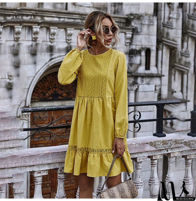 MidiSono - Woman Dress Autumn Winter Casual Lace Stitching Yellow Long Sleeve Loose Vintage Dresses For Women Clothes  Ladies