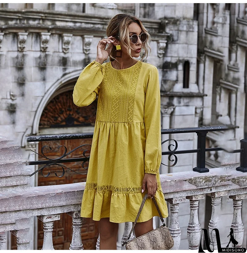 MidiSono - Woman Dress Autumn Winter Casual Lace Stitching Yellow Long Sleeve Loose Vintage Dresses For Women Clothes  Ladies