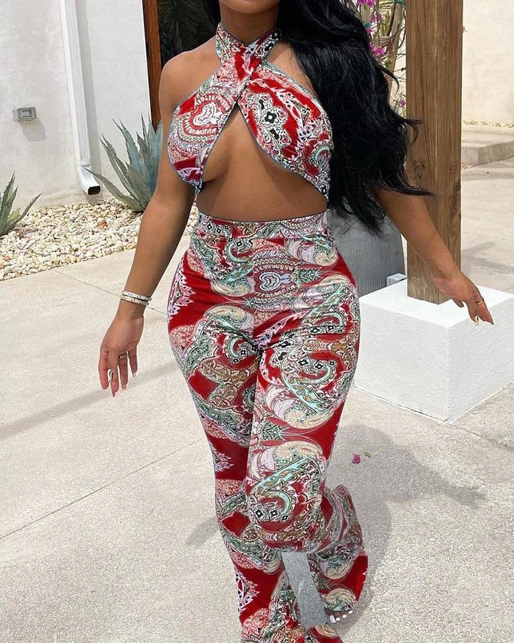 Printed Chest Wrap Micro Flared Jumpsuit