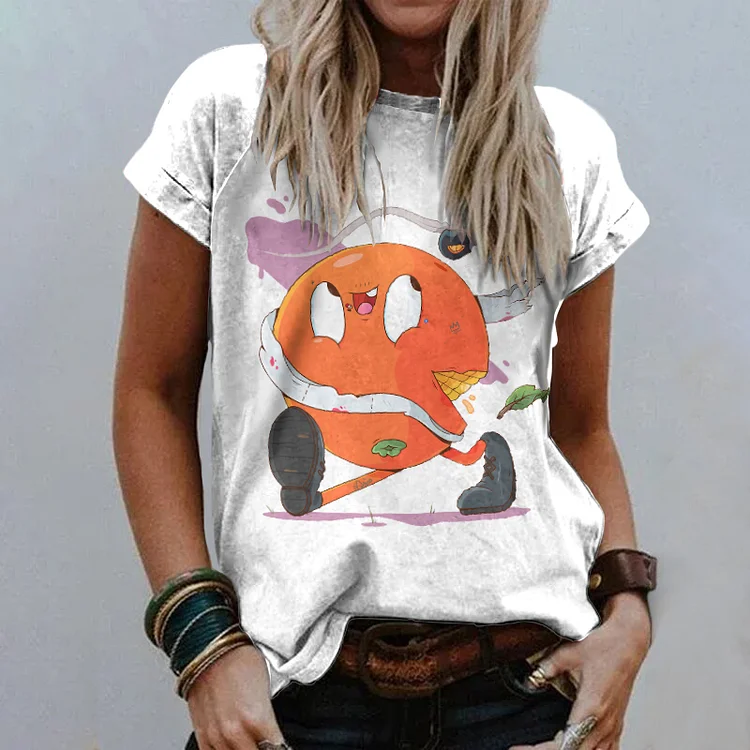 Comstylish Orange Fruit Print Short Sleeve Casual T-Shirt