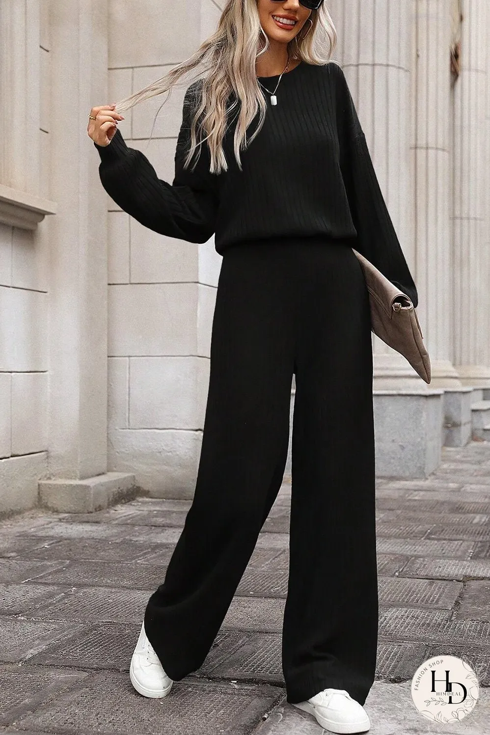 Black Solid Ribbed Knit Keyhole Back High Waist Jumpsuit