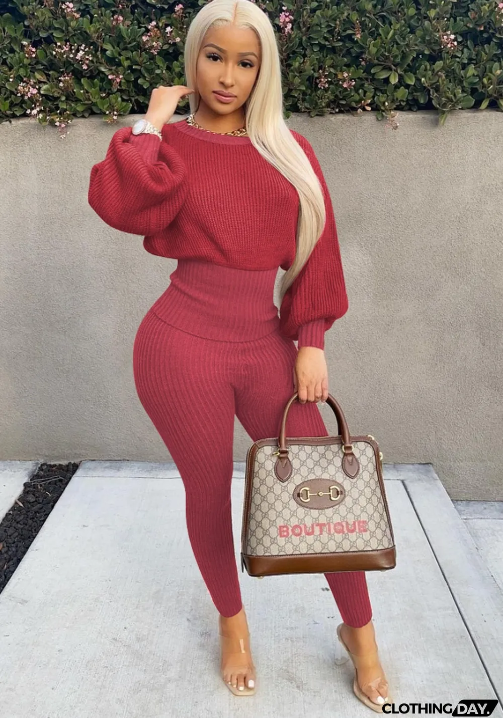 Winter Burgunry Knitting Top and Pants Casual Two Piece Set