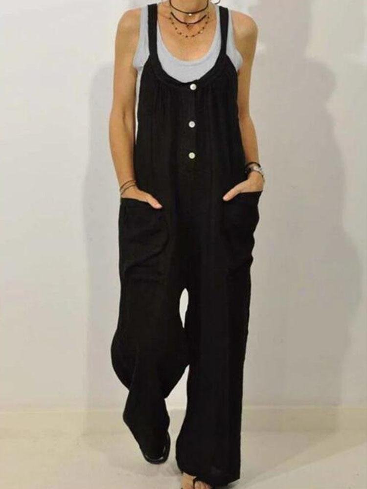 Women Cotton and Linen Pockets Elastic Button Jumpsuit P150570723