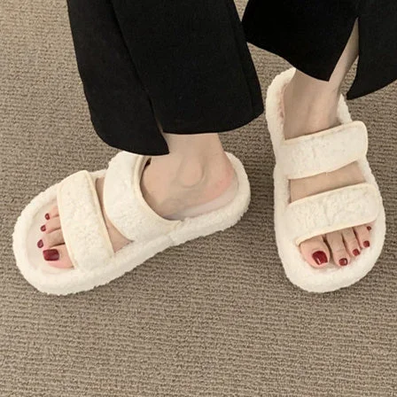 Women's Casual Solid Color Open Toe Flat Sole Plush Slippers
