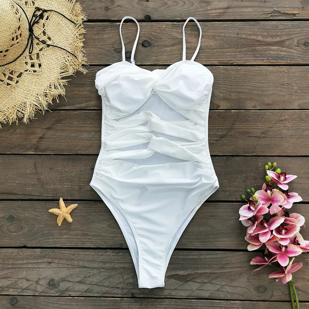 Uveng Pure White Bra-Meared Swimsuit Women 2025 New All-In-One Sexy Hollow