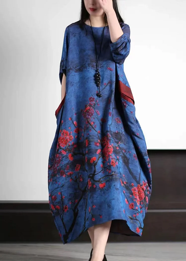 Vintage Navy Oversized Plum Blossom Print Silk Maxi Dress Spring