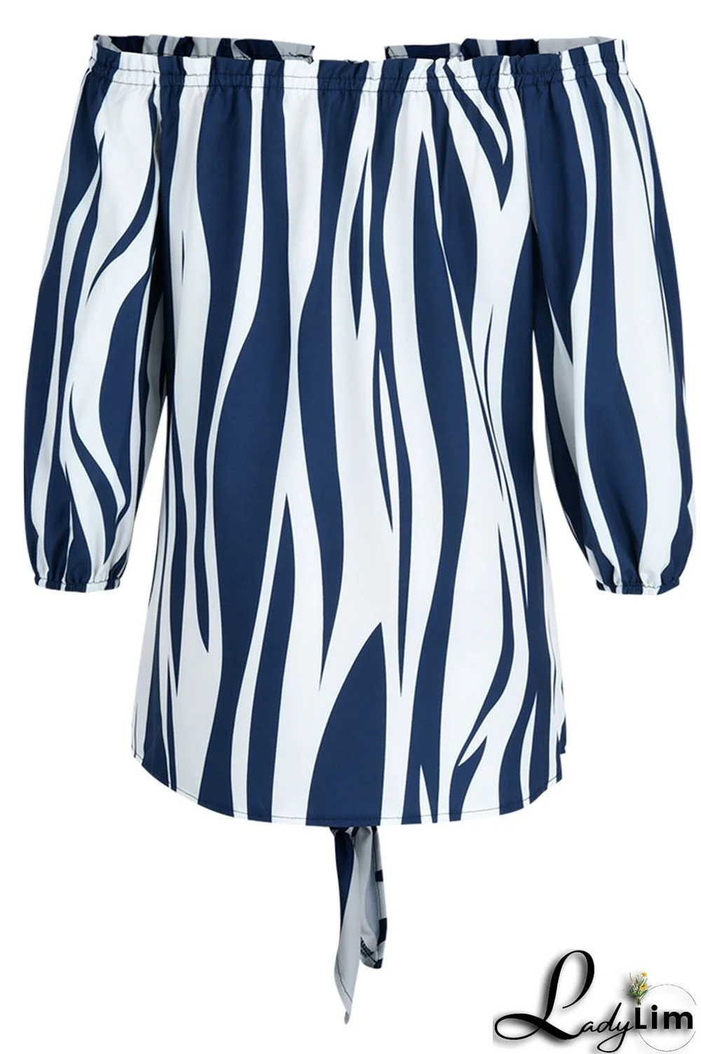 Tibetan Blue Fashion Casual Print Bandage Backless Off the Shoulder Tops