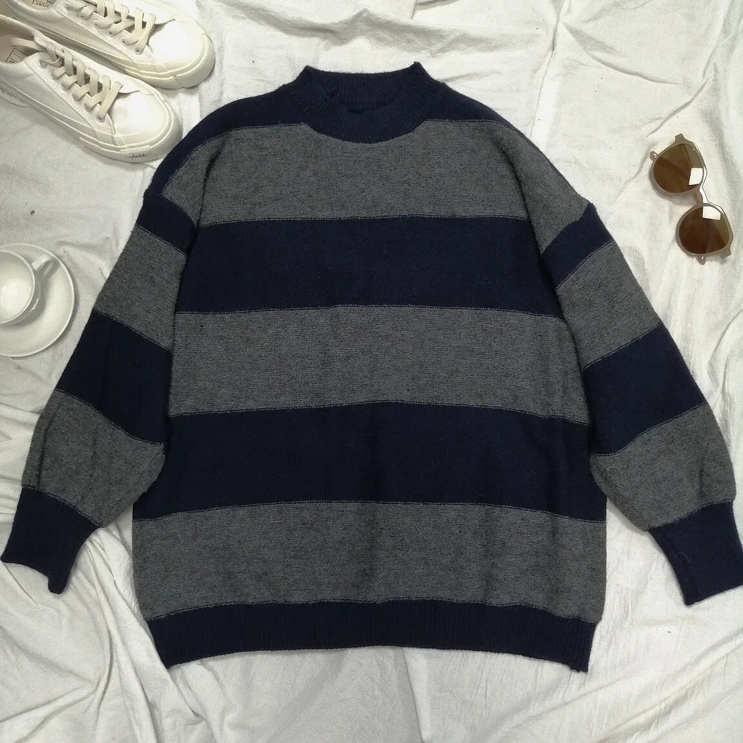 Striped Loose Pullovers Female Vintage Sweaters Women Oversized Jumper Color Block Knitted Sueter Mujer Korean Fashion Sweater